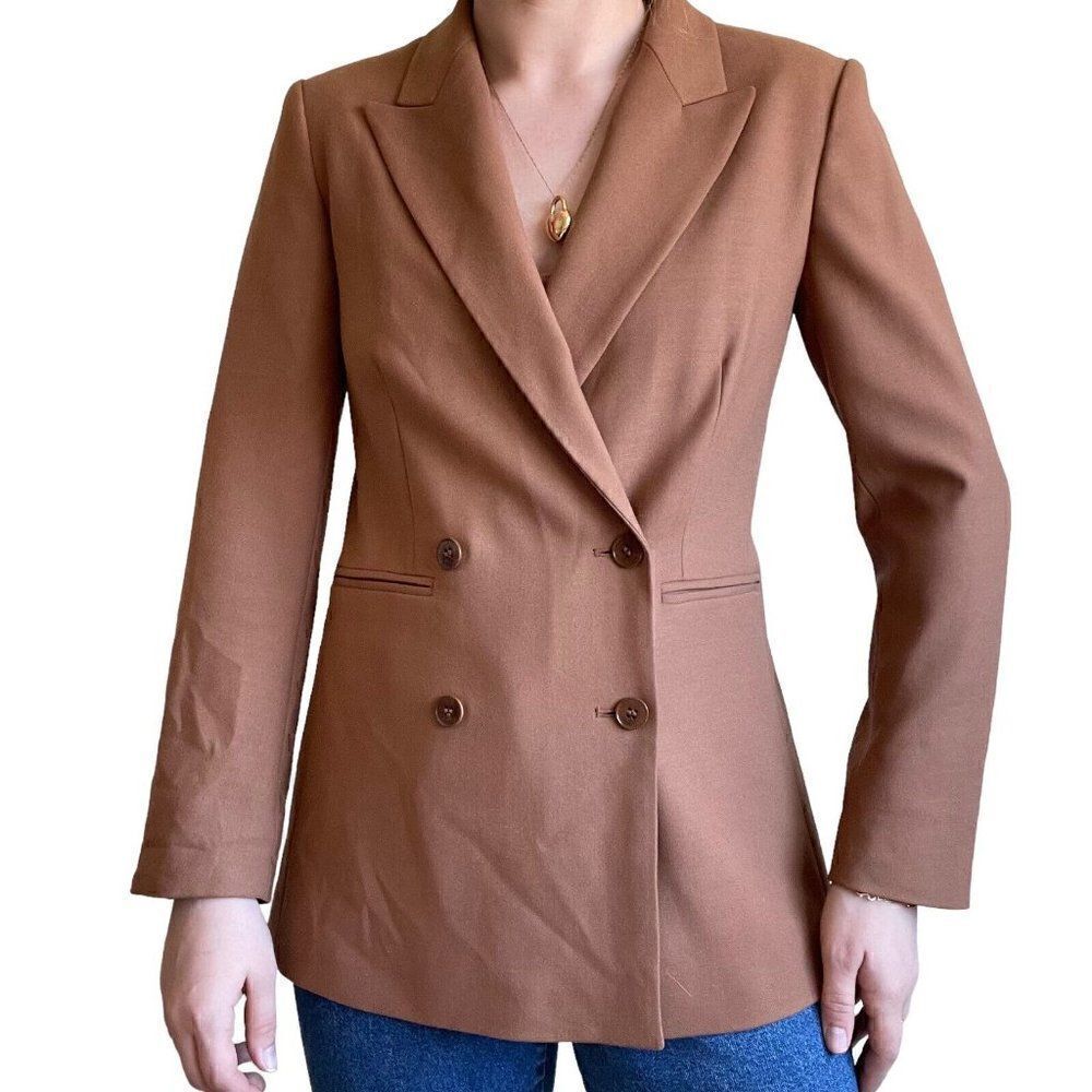 Jigsaw Womens Tan Wool Blend Double Breasted Minimalistic Preppy Blazer Sz 4
